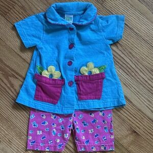 Vintage McBaby 2 Piece Shirt/Shorts Set BluebFloral Pink‎ Trim Size 12 months